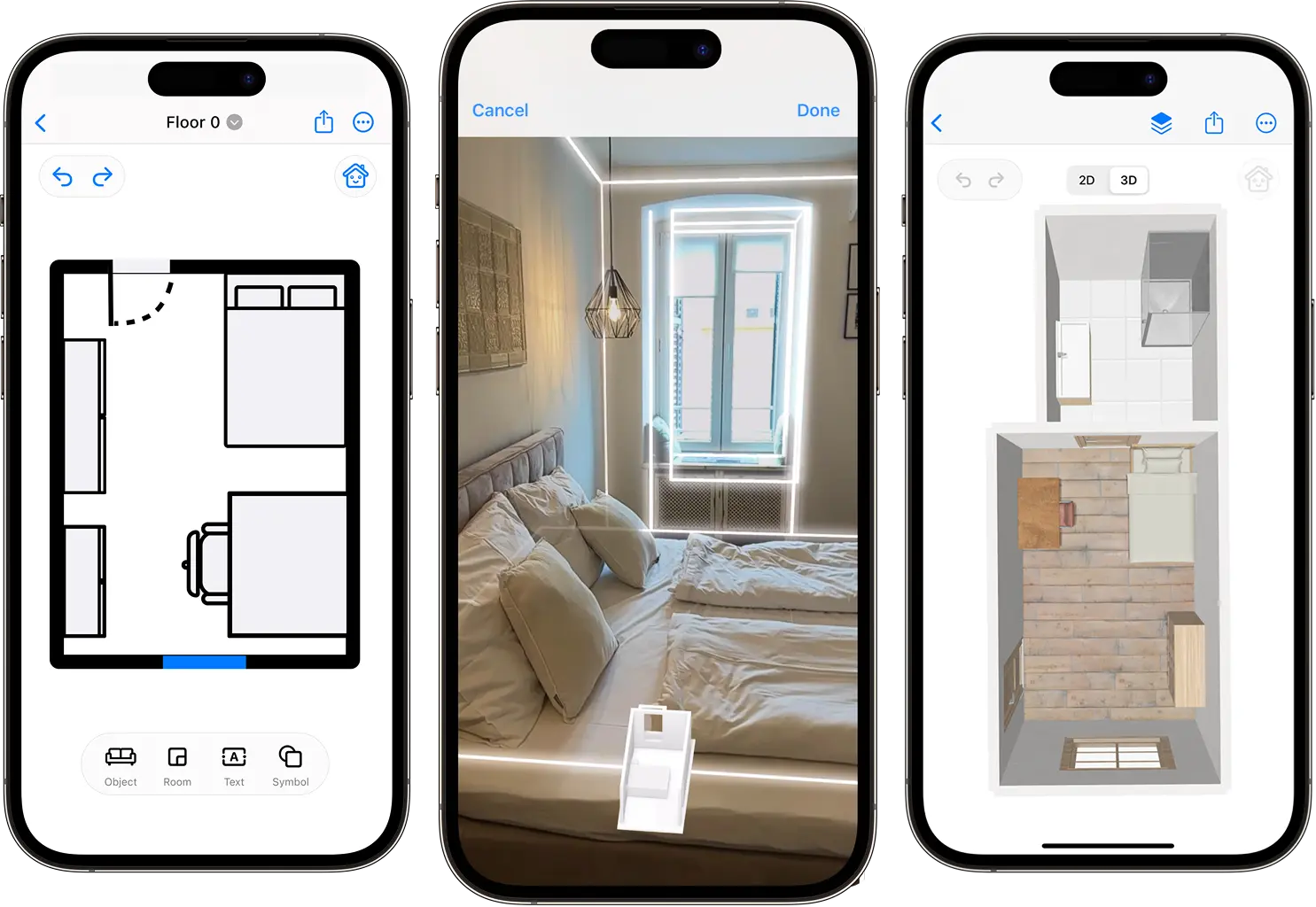 CamPlan App demonstration showing floor planning features on mobile